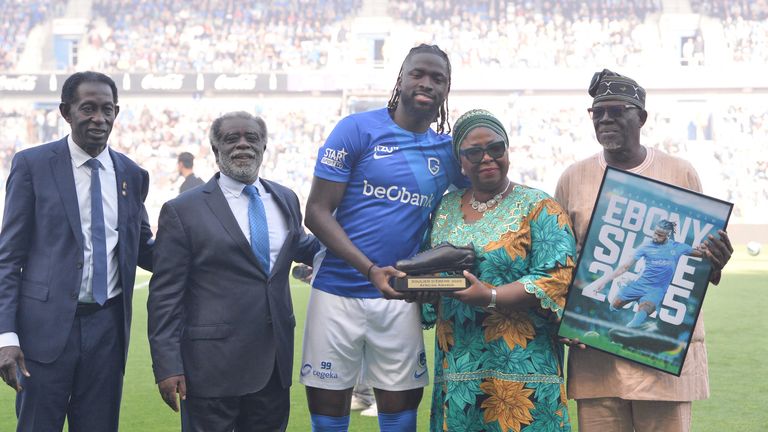 Genk's Tolu Arokodare and ebony shoe pictured during a soccer match between KRC Genk and RSC Anderlecht, Sunday 25 May 2025
