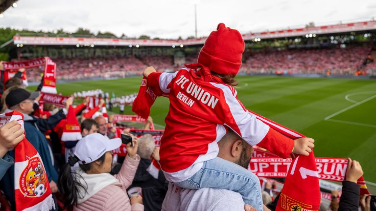 Fans of Union Berlin women prior to the match against FSV Gütersloh 2009 at Stadion an der Alten Försterei on May 18, 2025 in Berlin