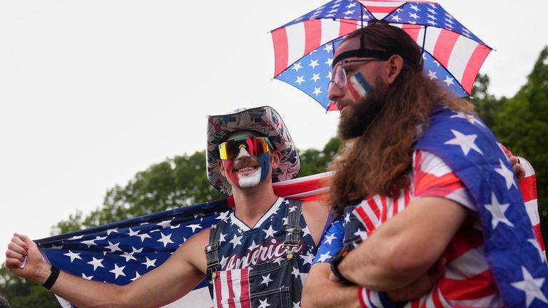 Fans watch on the seventh hole at Bethpage Black golf course during the Ryder Cup golf tournament, Friday, Sept. 26, 2025, in Farmingdale, N.Y. (AP Photo/Lindsey Wasson)
