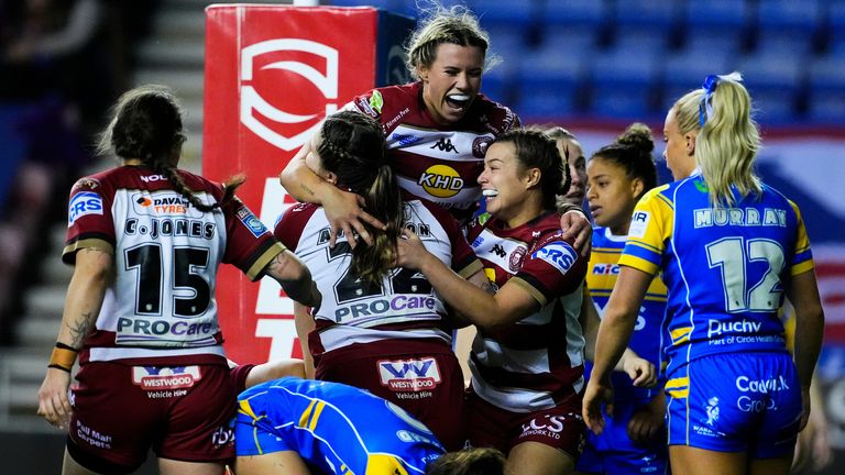 Picture by Olly Hassell/SWpix.com - 21/09/2025 - Rugby League - Betfred Women's Super League Semi-final - Wigan Warriors v Leeds Rhinos - The Brick Community Stadium, Wigan, England - Mia-Jayne Atherton of Wigan celebrating her try