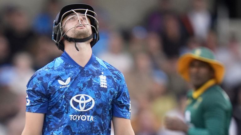England's Will Jacks walks off after being dismissed against South Africa in the first ODI