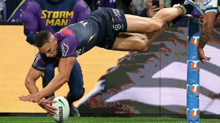 Will Warbrick scores a try for Melbourne Storm