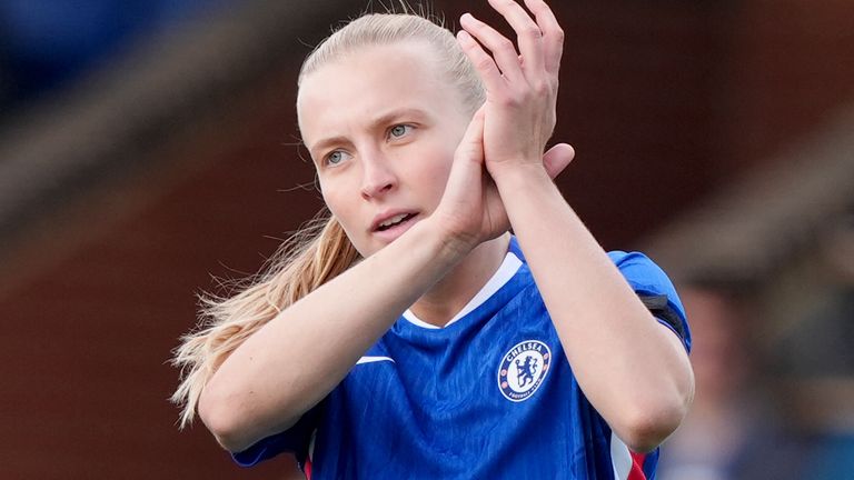 Aggie Beever-Jones celebrates after giving Chelsea the lead against Leicester