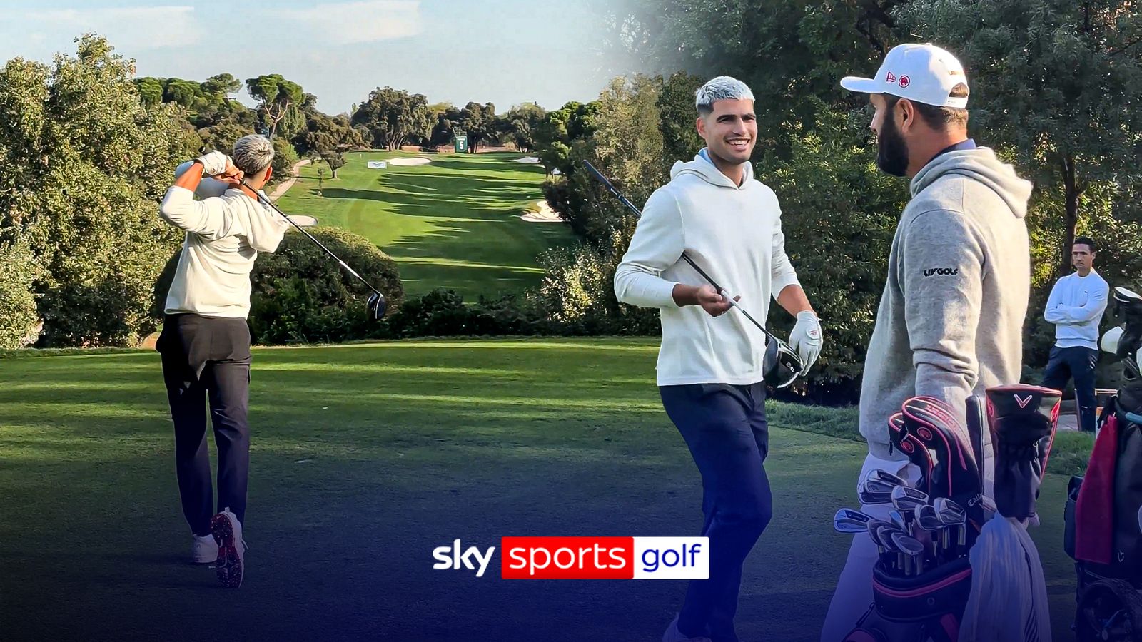Carlos Alcaraz shows off his tee shot to Jon Rahm at Spanish Open Pro-Am