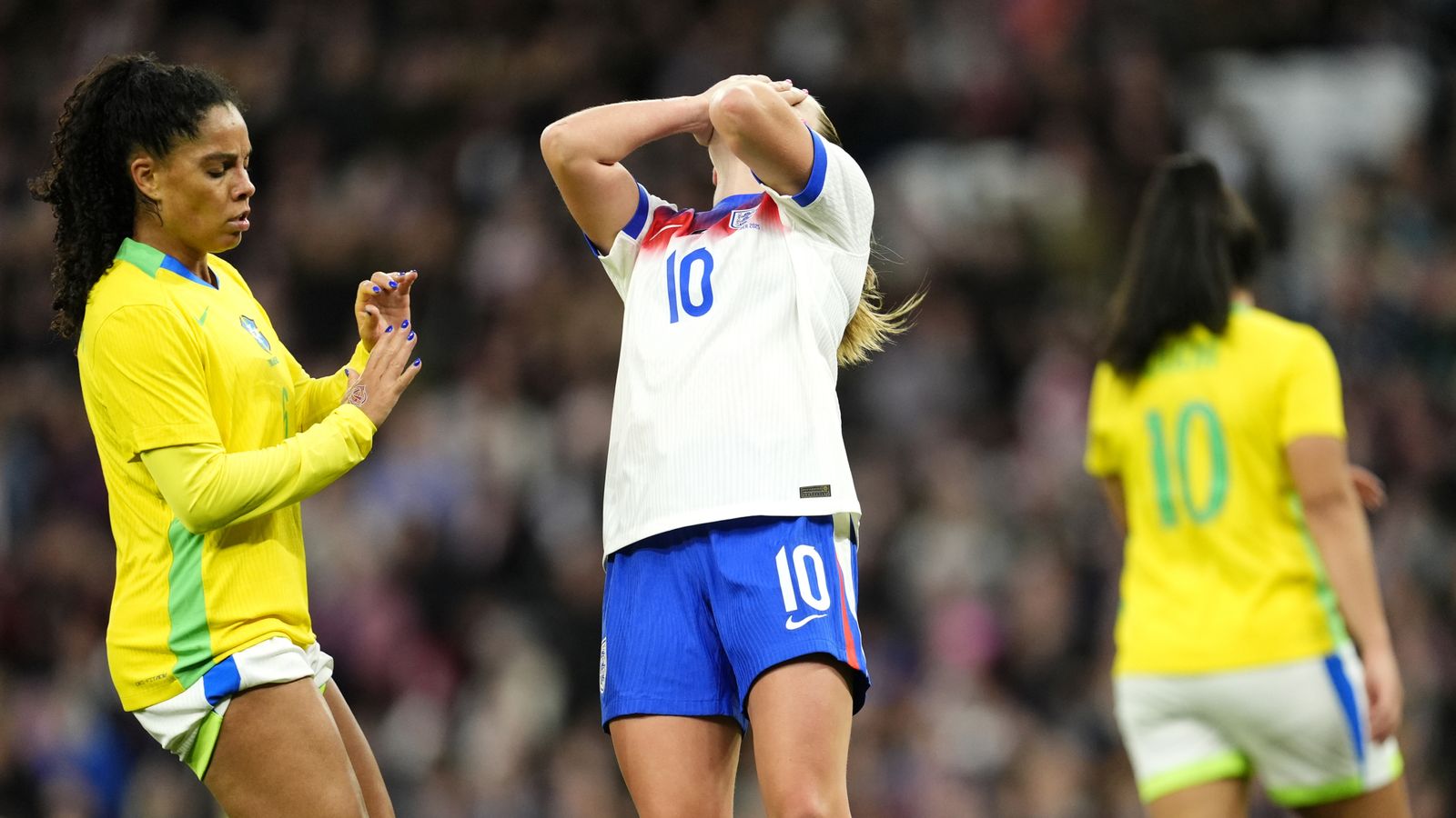 England beaten by 10-player Brazil in first game since Euro 2025 triumph