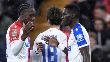 Ismaila Sarr (right) celebrates with Crystal Palace team-mates after scoring against Liverpool in the Carabao Cup