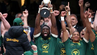 Siya Kolisi lifts the Rugby Championship trophy at Twickenham after South Africa's 29-27 victory over Argentina