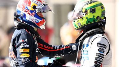 Max Verstappen and Lando Norris congratulate each other after finishing first and second respectively in the US GP