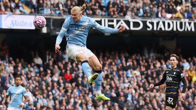 Erling Haaland heads Manchester City into the lead against Everton