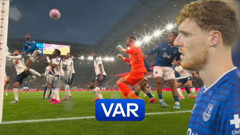 Jake O'Brien's goal for Everton is disallowed after VAR check.