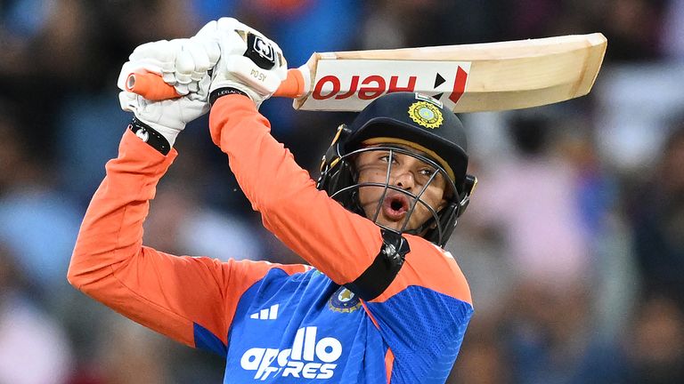 India's Abhishek Sharma bats against Australia during their T20 cricket match in Melbourne, Australia, Friday, Oct. 31, 2025. (James Ross/AAP Image via AP)