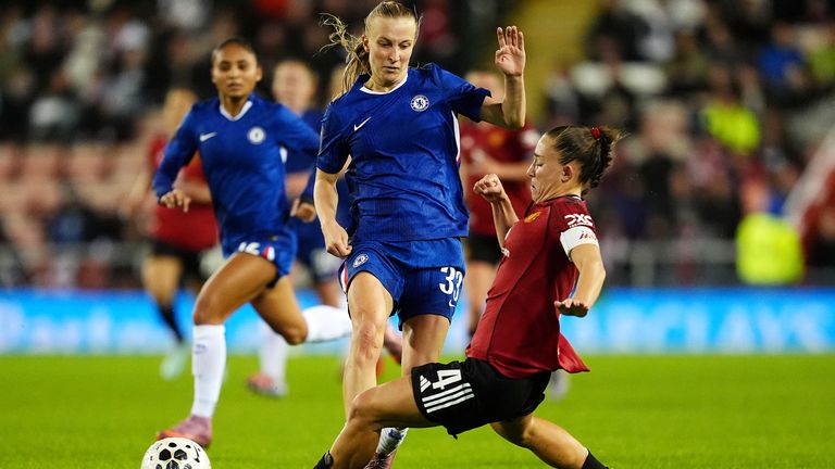 Aggie Beever-Jones and Maya Le Tissier battle for the ball