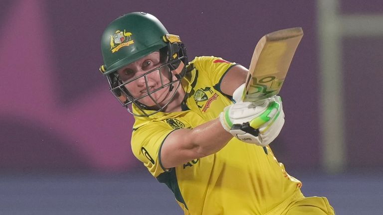 Australia's captain Alyssa Healy plays a shot during the ICC Women's Cricket World Cup match between Australia and Bangladesh at ACA...VDCA Cricket Stadium in Visakhapatnam, India, Thursday, Oct. 16, 2025. (AP Photo/Mahesh Kumar A.)