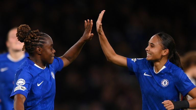 Sandy Baltimore and Alyssa Thompson celebrate as Chelsea thrash Paris FC