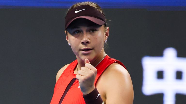 Amanda Anisimova of the United States reacts in the Women's Singles Final match against Linda Noskova of Czech Republic on day 14 of the 202