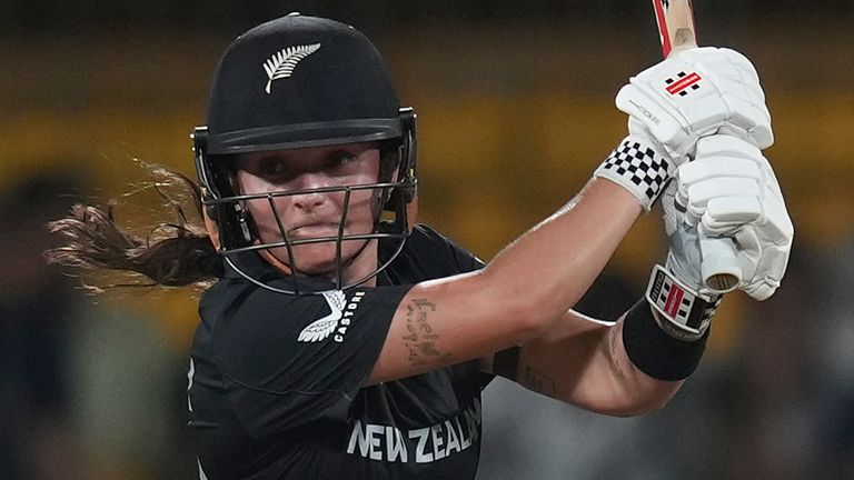 New Zealand's Melie Kerr plays a shot during the ICC Women's Cricket World Cup (Associated Press)
