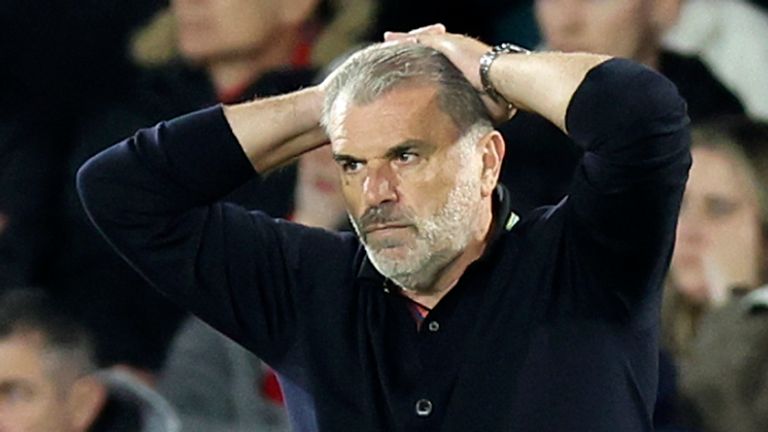 Ange Postecoglou reacts after Nottingham Forest concede in the Europa League to FC Midtjylland