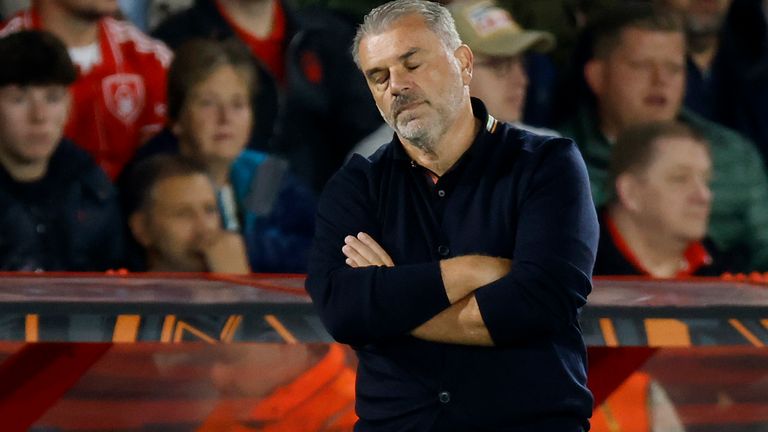 Ange Postecoglou reacts after Nottingham Forest concede in the Europa League to FC Midtjylland