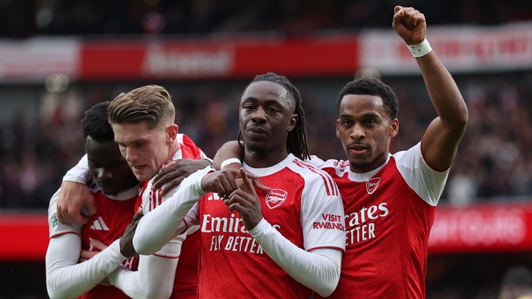Arsenal's Eberechi Eze, second right, celebrates after scoring the winner against Crystal Palace