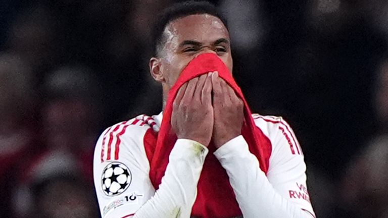 Arsenal's Gabriel leaves the game after picking up an injury against Olympiakos