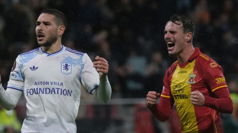 Aston Villa's Emiliano Buendia reacts after missing a penalty during the Europa League match between Go Ahead Eagles and Aston Villa