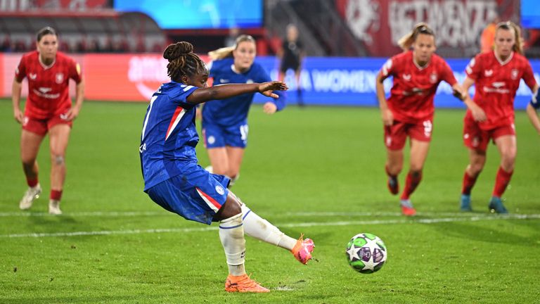 Sandy Baltimore scores a penalty to equalise for Chelsea in the Champions League game with FC Twente