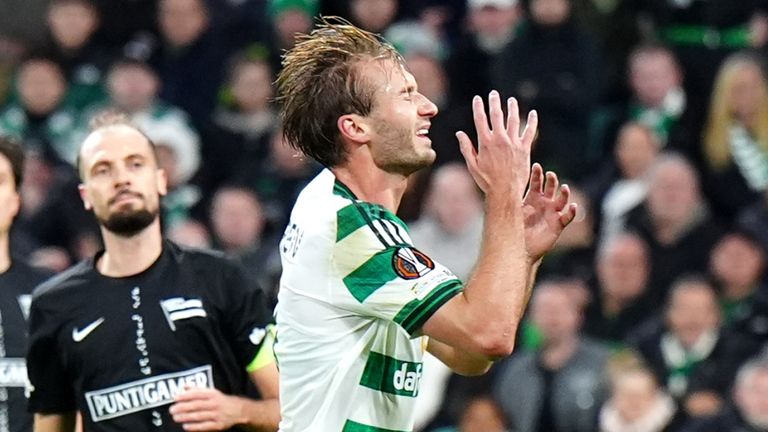 Celtic's Benjamin Nygren (centre) reacts to a missed chance during the UEFA Europa League match at Celtic Park, Glasgow