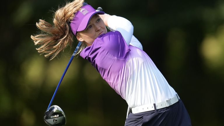 Brooke Henderson of the World Team tees off against Sweden team for the LPGA International Crown at the New Korea Country Club