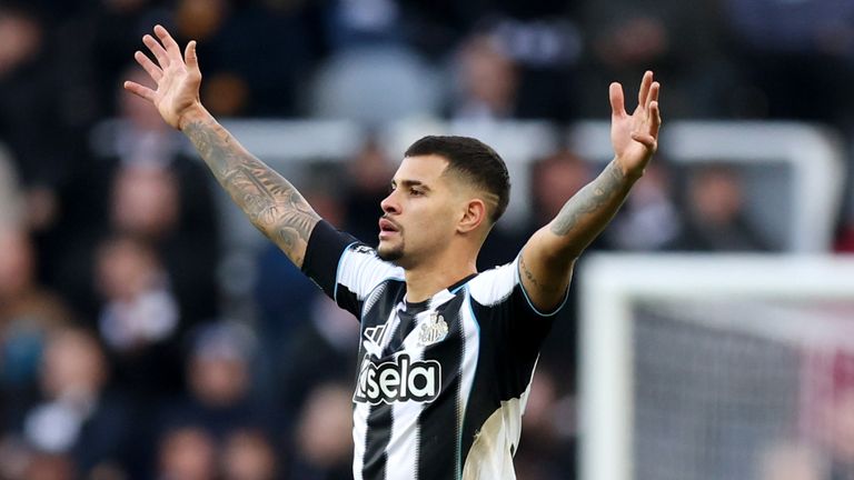 Bruno Guimaraes celebrates his goal against Fulham