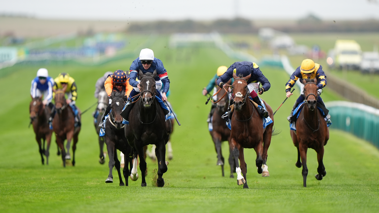 Calendar Girl ridden by Callum Rodriguez (centre left) wins Godolphin Lifetime Care Oh So Sharp Stakes