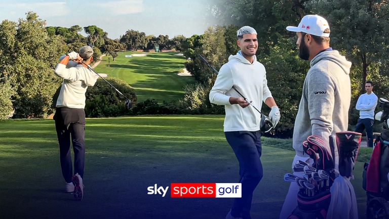 Carlos Alcaraz shows off his tee shot to John Rahm at Spanish Open Pro-Am