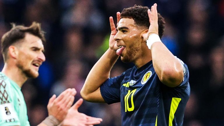 GLASGOW, SCOTLAND - OCTOBER 12: Scotland's Che Adams celebrates after scoring a goal to make it 1-0 during the 2026 FIFA World Cup qualifier match between Scotland and Belarus at Hampden Park in Glasgow, Scotland on October 12, 2025. (Photo provided by Alan Harvey/SNS Group)