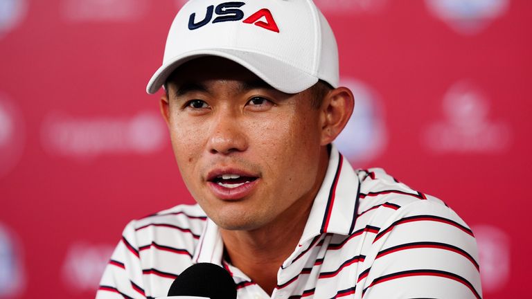 Collin Morikawa speaking at the 2025 Ryder Cup