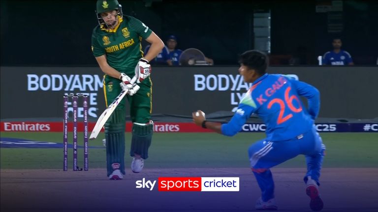 India&#39;s Kranti Gaud somehow took a stunning caught and bowled to dismiss Tazmin Brits for a duck, leaving South Africa 6-1.