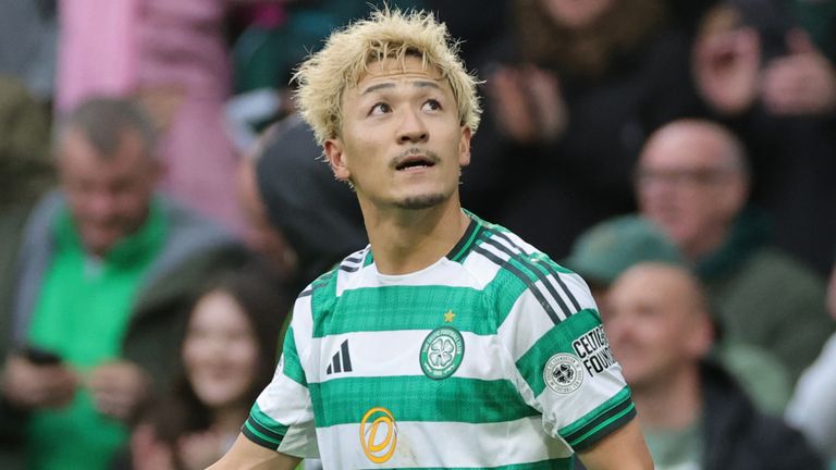Daizen Maeda celebrates scoring his winning goal for Celtic