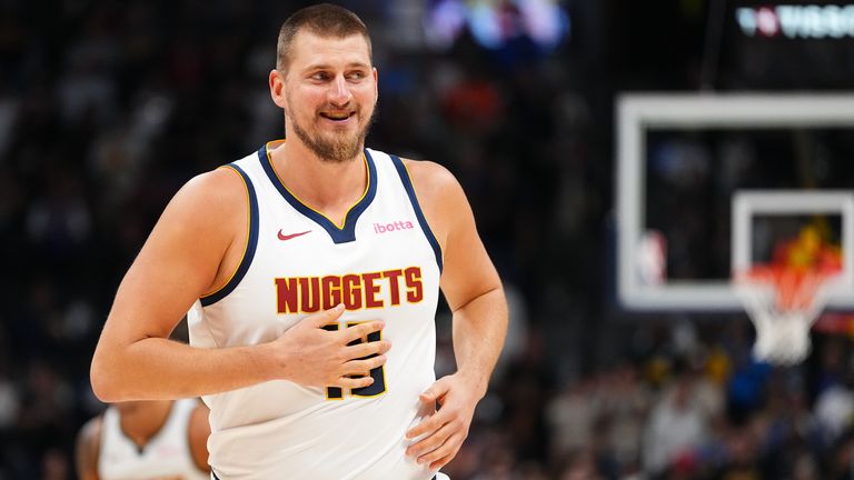 Denver Nuggets center Nikola Jokic during a preseason NBA basketball game Tuesday, Oct. 14, 2025, in Denver. (AP Photo/Jack Dempsey)