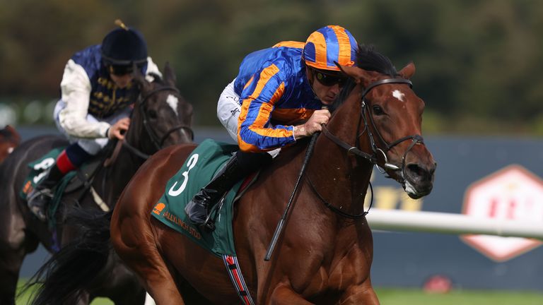 Diamond Necklace ridden by Christophe Soumillon on their way to winning the Ballylinch Stud Irish EBF Ingabelle Stakes at Leopardstown