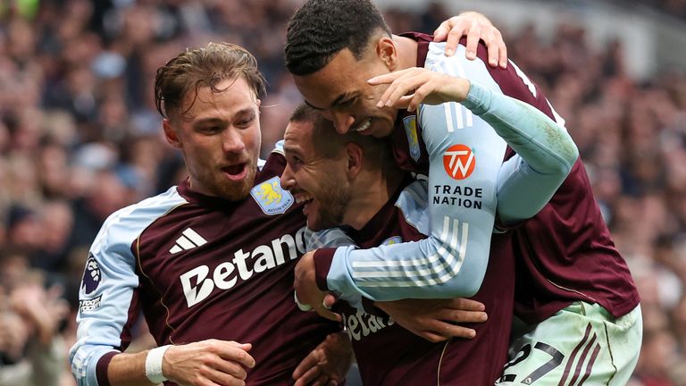 Aston Villa players celebrate after Emi Buendia's winner against Tottenham