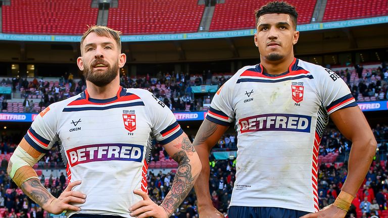 Picture by Allan McKenzie/SWpix.com - 25/10/2025 - Rugby League - 2025 ABK Beer Rugby League Ashes - England v Australia - Wembley Stadium, London, England - England's Daryl Clark & Kai Pearce-Paul dejected after their side's loss to Australia.