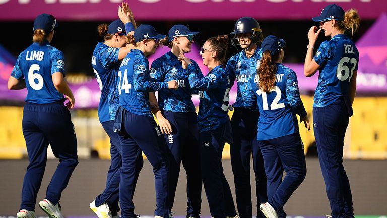 England's Linsey Smith celebrates with team mates during their World Cup win over South Africa