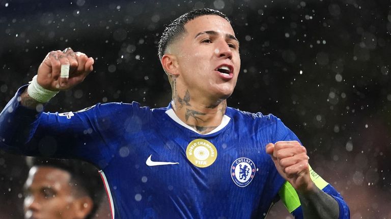 Chelsea's Enzo Fernandez celebrates scoring their side's third goal of the game from the penalty area during the UEFA Champions League match