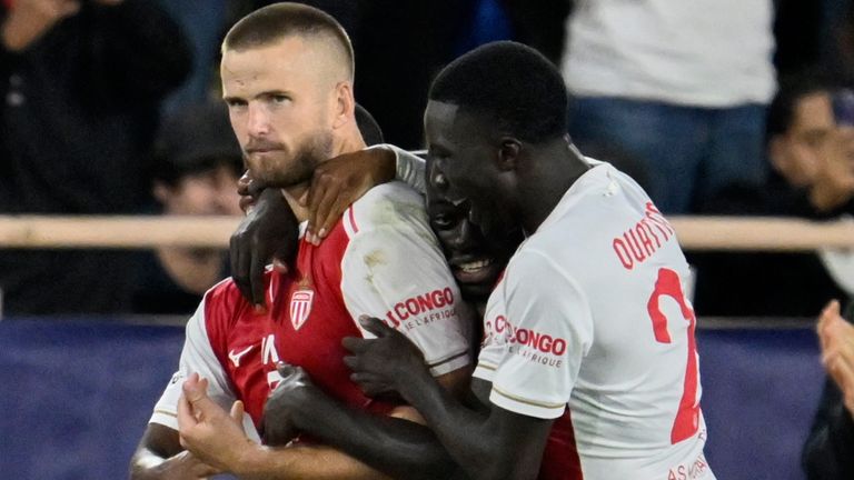 Monaco's Eric Dier celebrates with team-mates after he scored from the penalty spot against Man City