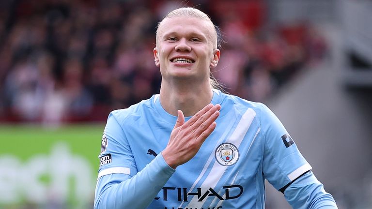 Erling Haaland celebrates after giving Man City the lead at Brentford
