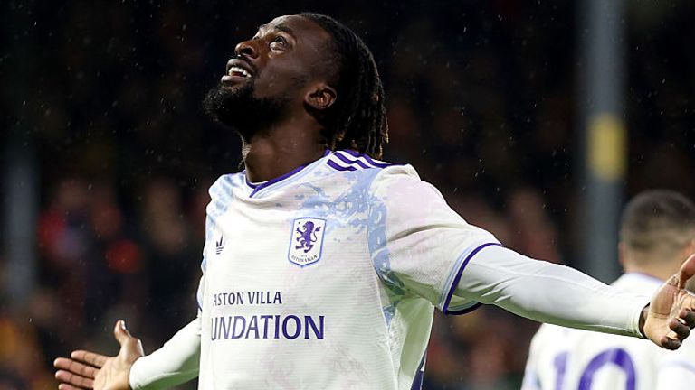 Evann Guessand of Aston Villa celebrates scoring his team's first goal during the UEFA Europa League League Phase match vs Go Ahead Eagles