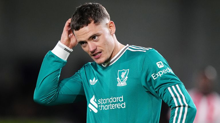 Liverpool's Florian Wirtz reacts during the Premier League match at the Gtech Community Stadium