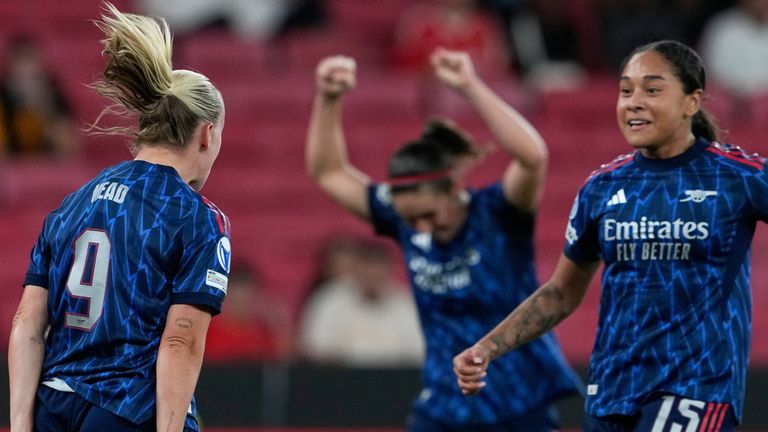 Beth Mead celebrates with team-mates after scoring a goal for Arsenal against Benfica in the Women's Champions League