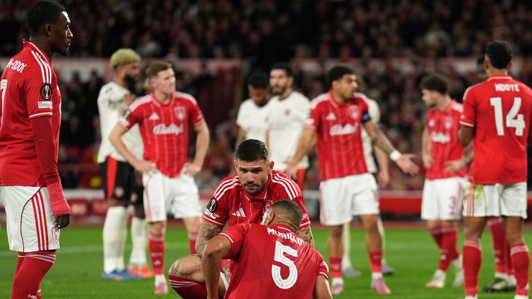 Nottingham Forest's Murillo pulls up injured during the UEFA Europa League match against FC Midtjylland