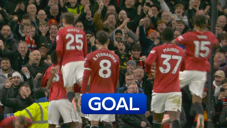 Man Utd's Bryan Mbeumo, scores his second goal against Brighton in the Premier League