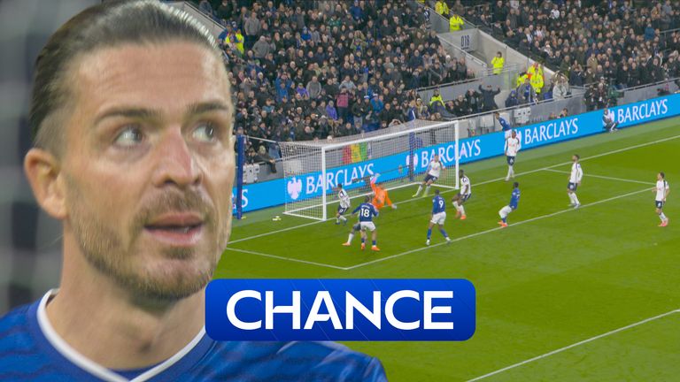 Jack Grealish takes a shot for Everton against Spurs