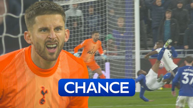 Spurs' stopper Guglielmo Vicario makes a huge save as Beto takes a shot for Everton